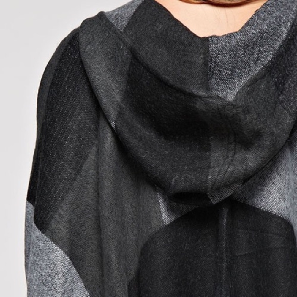 Black & Gray Plaid Scarf Fringe Hooded Poncho - Picture 5 of 5